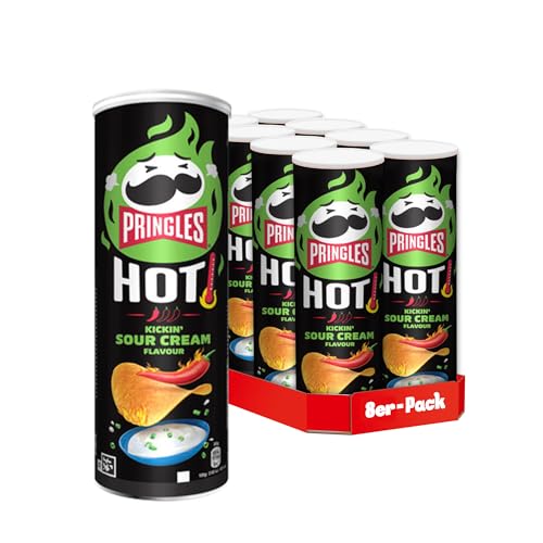 Pringles HOT Kickin' Sour Cream Flavour (8 x 160 g) – der unwiderstehliche Snack-Klassiker in der praktischen Dose – scharfe Chips mit Sour Cream Geschmack – Pop. Play. Eat. von Pringles