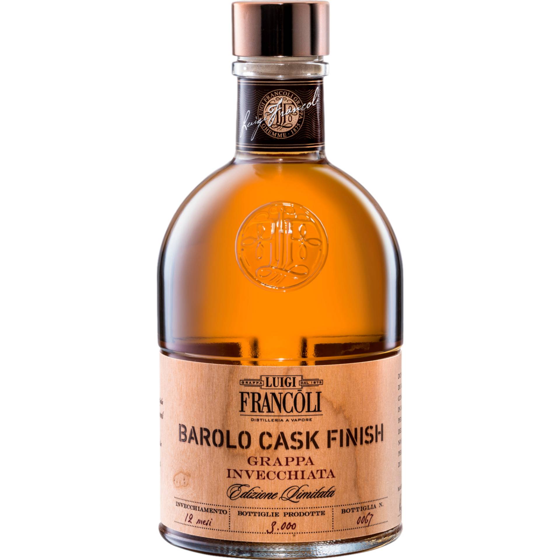 Luigi Francoli Grappa Barolo Cask Finish, Italien, 0,5 L, 40% Vol., Spirituosen von Prodotto e messa in bottiglia da Distillerie Francoli Via Romagna No 20 Ghemme (NO) Italia