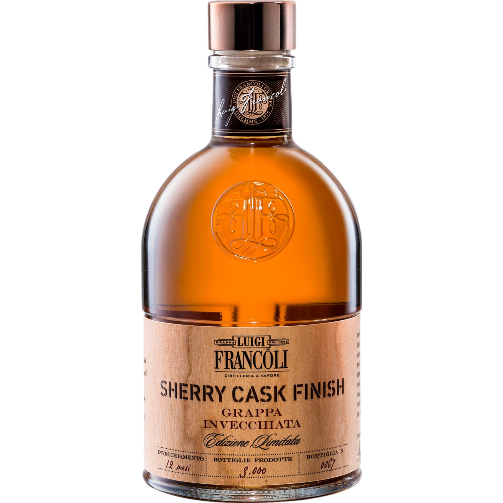 Luigi Francoli Grappa Sherry Cask Finish, Italien, 0,5 L, 40% Vol., Spirituosen von Prodotto e messa in bottiglia da Distillerie Francoli Via Romagna No 20 Ghemme (NO) Italia