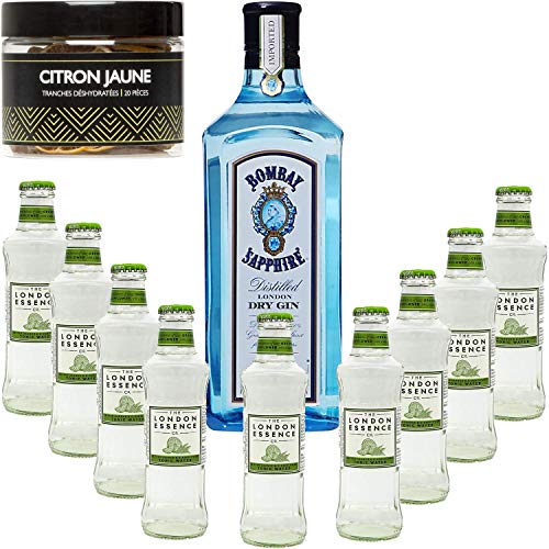 Gintonic - Bombay Sapphire Gin 40 ° + 9London Essence "Bitter Orange & Holunder" - (70cl 20cl + 9 *) + Pot 20 Scheiben von Lemon Yellow dehydratisiert. von Wine And More