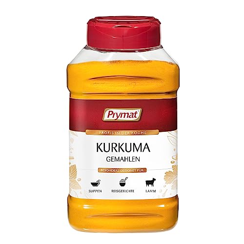 Prymat Kurkuma Pulver 350g, fein gemahlene Kurkumawurzel für Goldene Milch, Marinade für Geflügel und Sauce für Salate mit Hühnchen oder Gemüse, im Streuer von Prymat