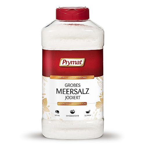 Prymat grobes Meersalz 1800g, jodiertes Meersalz grobkörnig, Salz für Mühle, Verfeinerung und Abschmeckung von Speisen, im Streuer von Prymat