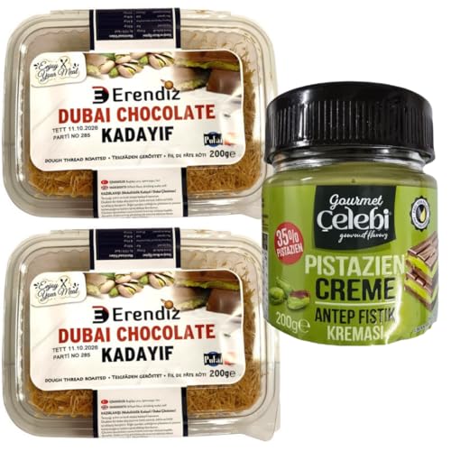 2 X Pufai Erendiz geröstet Kadaifi, Teigstrang, spezielles für Dubai-Schokolade Kadayıf, Engelshaar, in praktischer Verpackung Kadayıf, lange Haltbarkeit 200 Gramm mit Pistazien Creme 200 Gr von Pufai