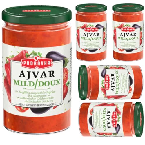 Ajvar Mild Glas Gemüsedip eine köstliche, traditionelle Beilage Soße Sauce 350 gramm x 5 STÜCK von Pufai