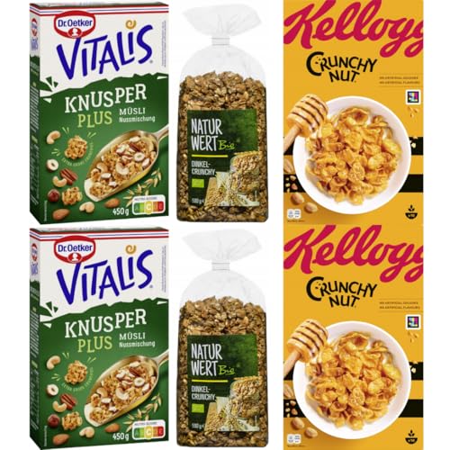 Crunchy Nut 500 Gramm x 2 Stück + Dinkel-Crunchy 500 Gramm x 2 Stück + Dr. Oetker Vitalis Knusper Plus Müsli Nussmischung 450 g X 2 Packungen mit PUFAI GROCERY von Pufai