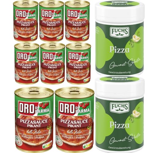 Fuchs Pizza Gewürzzubereitung 30 Gramm x 2 Stück + Oro di Parma Pizzasauce pikant Pizzaboden Soße Sauce Pizza Soße 400 gramm x 8 STÜCK mit Pufai Grocery von Pufai