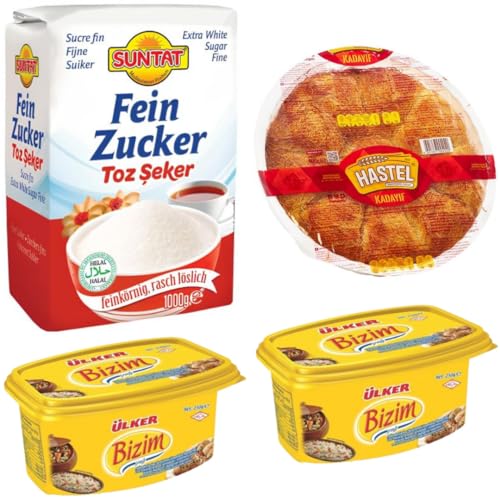 Suntat Zucker 1000 gr, Margarine 250 gr x 2er, Hastel Kadayıf Teigfäden fertiges Dessert hauchdünn taze kadayıf 400 Gramm mit Pufai Grocery von Pufai