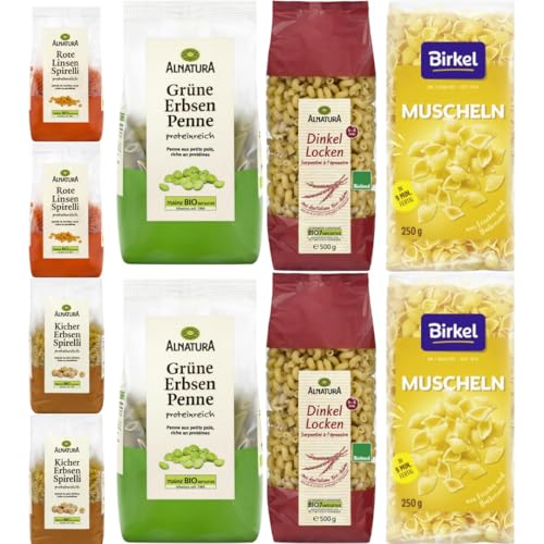 Je 2 Packungen Grüne Erbsen Penne, Kichererbsen Spirelli, Rote Linsen Spirelli, Dinkel Locken Pasta + Birkel's No. 1 Muscheln Pasta Nudeln 250 gramm x 2 Stück mit Pufai Grocery von Pufai