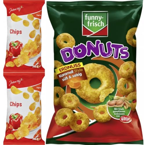 Jeden Tag Chips Paprika 200 Gramm x 2 STÜCK, Funny-frisch Donuts Erdnuss Karamell Style süß & salzig Chips Cracker 110 gramm x 1 Stück von Pufai