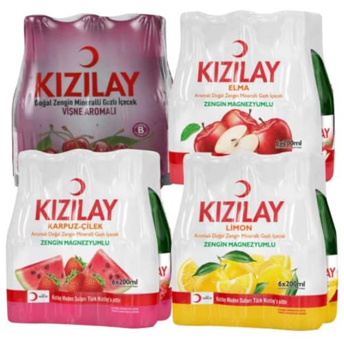 KIZILAY Natürliches Mineralwasser mit gemischtem Fruchtgeschmack (Kirsche, Apfel, Wassermelone, Zitrone), reichhaltiges Mineralwasser mit Bikarbonat und Natrium 200 Milliliter x 24 Flaschen von Pufai