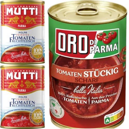 MIT PUFAI GROCERY, Mutti Polpa Feinstes Tomaten-Fruchtfleisch 400 Gramm x 2er + Oro di Parma Tomaten stückig-scharf 400 gramm von Pufai