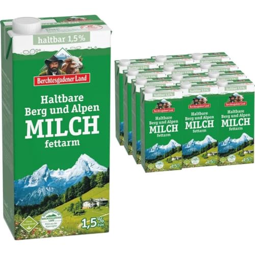 Milch Berchtesgadener Alpenmilch Land H-Milch 1,5% Fett Haltbare Milch Bergbauern-Milch, je 1 Liter, 12 Stück+ pufai von Pufai