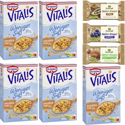 Mit Alnatura Riegel Geschenk (3er Pack), Dr. Oetker Vitalis Weniger süß Knusper Pur Müsli 600 g X 5 Packungen mit Pufai Grocery von Pufai