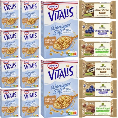 Mit Alnatura Riegel Geschenk (6er Pack), Dr. Oetker Vitalis Weniger süß Knusper Pur Müsli 600 g X 10 Packungen mit Pufai Grocery von Pufai