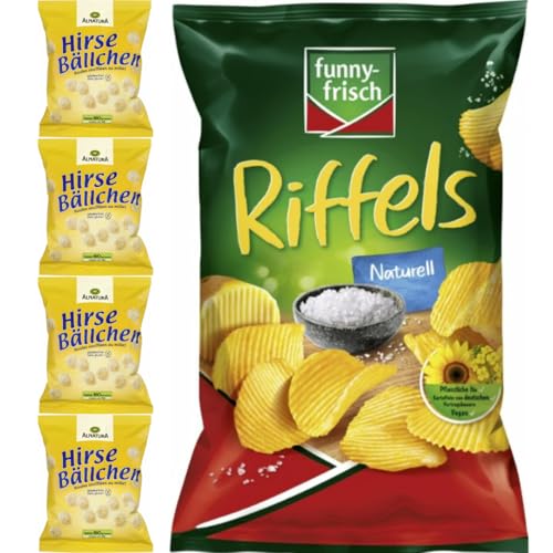 Mit Pufai Grocery, Hirsebällchen 75 Gramm x 4er, Funny-frisch Riffels naturell Chips Cracker 150 gramm von Pufai