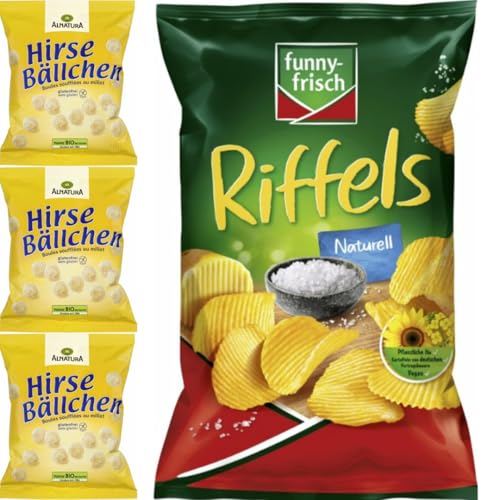 Mit Pufai Grocery, Hirsebällchen 75 gr x 3er + Funny-frisch Riffels naturell Chips Cracker 150 gramm x 1 Stück von Pufai