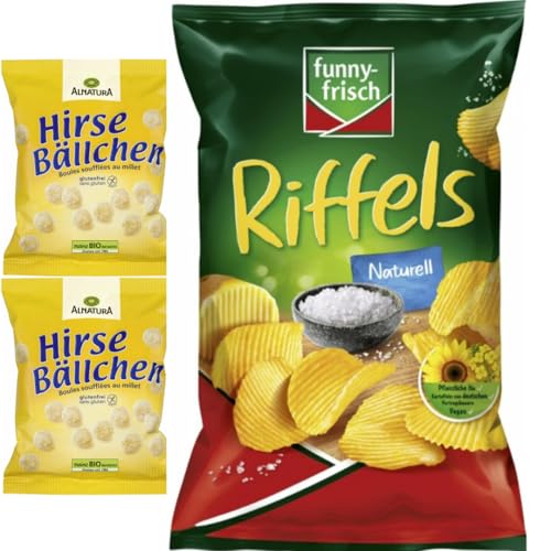 Mit Pufai Grocery, Hirsebällchen 75 gramm x 2er, Funny-frisch Riffels naturell Chips Cracker 150 gramm x 1 Stück von Pufai