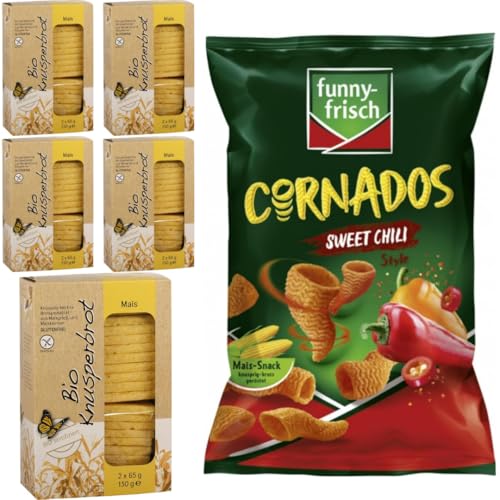 Mit Pufai Grocery, Knusperbrot Mais 130 Gramm x 5er + Funny-frisch Cornados Sweet Chili Chips Cracker 80 gramm x 1 Stück von Pufai