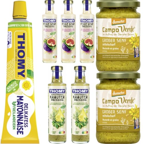 Mit Pufai Grocery, Mediterranes Kräuter Dressing 350 ml x 2 er, Demeter Grober Senf mittelscharf 200 gr x 2 er, Feige-Senf Dressing 350 ml x 2 er, Thomy Delikatess Original Mayonnaise 200 ml x 2 STÜCK von Pufai