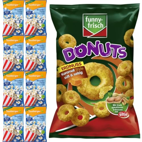 Mit Pufai Grocery, Mikrowellen Popcorn salzig 90 Gramm x 8er + Funny-frisch Donuts Erdnuss Karamell Style süß & salzig Chips Cracker 110 gramm von Pufai