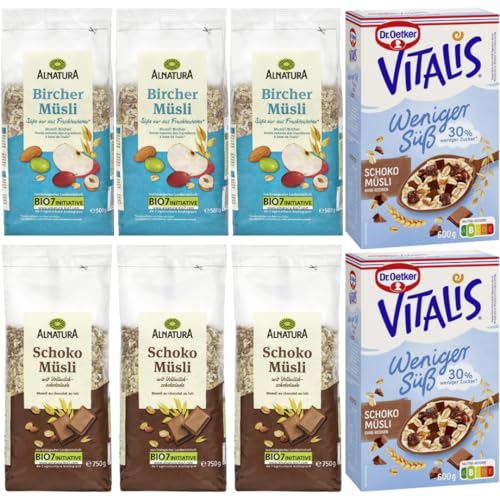 Mit Pufai Grocery, Schoko Müsli 750 Gramm x 3er, Bircher Müsli 500 Gramm x 3er, Dr. Oetker Vitalis Weniger süß Schoko Müsli Knusper Müsli 600 g X 2 Packungen von Pufai