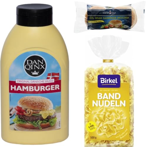 Mit Pufai Grocery,Dan Qinx Original Dänische Hamburger Sauce 400 gr, Hamburger Brötchen XXL Sesam 300 gr, Birkel's No. 1 Bandnudeln Pasta Nudeln 500 gramm von Pufai