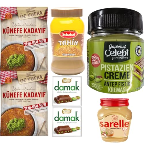 PUFAI Dubai Schokolade Kids Kadayif Teigfäden Geeignet Kadayıf 250 Gramm 2 er mit Pistazien Cream 200 gr + 2 er Schokolade 60 gr + Haselnuss Cream 350 gr + Tahini 290 gr von Pufai