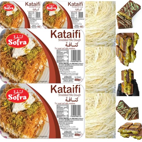 PUFAI SOFRA Fresh Kataifi Shredded Fillo Teig Gebäck Kadaifi Fäden Taze Kadayıf verwenden zur Herstellung von Dubai-Schokolade, 400 g, 4 Packungen von Pufai