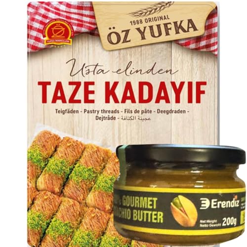 Pufai Erendiz 100% Pistazienpaste 200 Gramm, Kadayif Teigfäden Kadaifi, Teigstrang, spezielles für Dubai-Schokolade Kadayıf, Engelshaar 400 Gramm von Pufai