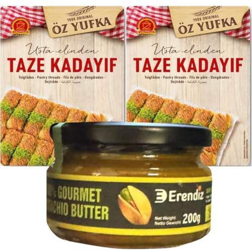 Pufai Erendiz 100% Pistazienpaste 200 Gramm, Kadayif Teigfäden Kadaifi, Teigstrang, spezielles für Dubai-Schokolade Kadayıf, Engelshaar 400 Gramm x 2 Packs von Pufai