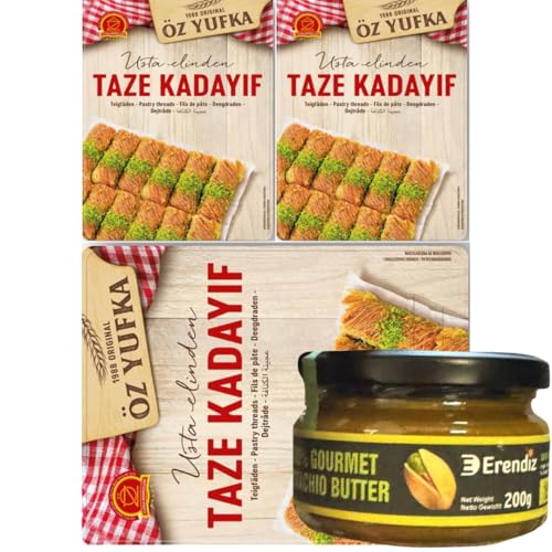 Pufai Erendiz 100% Pistazienpaste 200 Gramm, Kadayif Teigfäden Kadaifi, Teigstrang, spezielles für Dubai-Schokolade Kadayıf, Engelshaar 400 Gramm x 3 Packs von Pufai