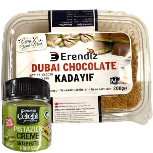 Pufai Erendiz geröstet Kadaifi, Teigstrang, spezielles Kadayıf für Dubai-Schokolade, Engelshaar, in praktischer Verpackung mit guter Qualität, lange Haltbarkeit 200 Gramm mit Pistazien Creme 200 Gr von Pufai