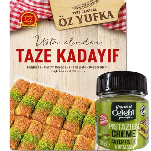 Pufai - Ozyufka Frisch Teigfäden Kataifi Kadayıf Shredded Fillo Teig Gebäck Kadaifi Fäden Taze Kadayif für Dubai-Schokolade 400 gr mit Pistazien Creme 200 Gramm von Pufai