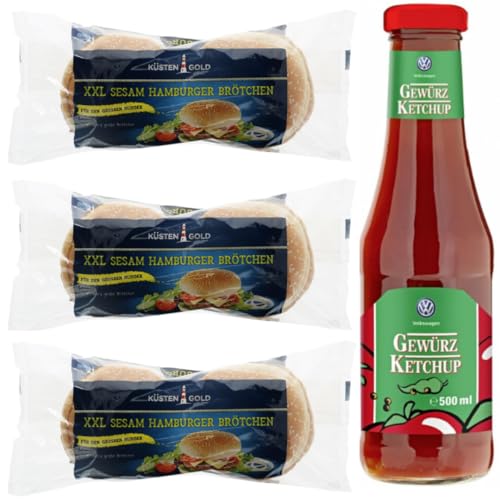 Mit Pufai Grocery, Hamburger Brötchen XXL Sesam 4er 300 gramm x 3 Packungen + VW Gewürzketchup Ketchup 500 Mililiter x 1 STÜCK von Pufai