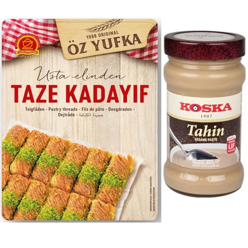 Von Pufai Grocery, Gebäckfäden, frische Kadayif türkische Dessert Kadaifi, um berühmte Dubai-Schokolade zu verwenden, 500 g, Koska-Sesampaste (Tahini), 300 g von Pufai