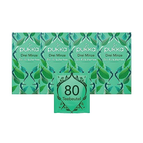 Pukka Tee Set, Bio-Kräutertee "Drei Minze", Grüne Minze, Pfefferminze und Ackerminze, Für ein gutes Bauchgefühl nach dem Essen, 4er Pack, 80 Teebeutel von Pukka