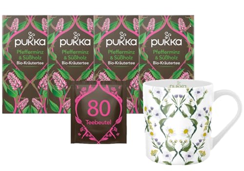 Pukka - Bio-Kräutertee „Pfefferminz & Süßholz“ - 4 x 20 Teebeutel (Pfefferminztee, Grüne Minze und Süßholz) inkl. Pukka Tasse von Pukka