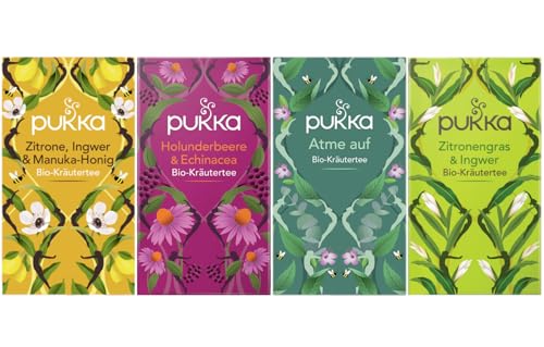 Pukka - Bio-Kräutertee "Befreit & Lebendig" - Tee Mix - 80 Teebeutel (20 x Zitrone, Ingwer & Manuka-Honig, 20 x Holunderbeere & Echinacea, 20 x Atme auf, 20 x Zitronengras & Ingwer) von Pukka