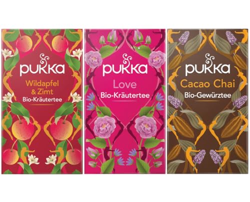 Pukka - Bio-Kräutertee "Freude & Liebe" - Tee Mix - 60 Teebeutel (20 x Wildapfel & Zimt, 20 x Love, 20 x Cacao Chai) von Pukka