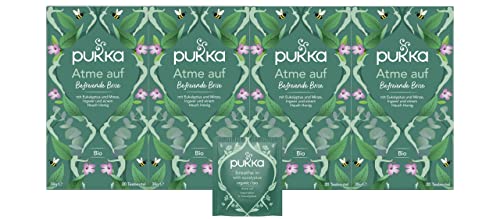 Pukka Tee Set, Bio-Kräutertee "Atme auf", Ackerminze, Eukalyptus, Ingwer und Honig, Für starke Alltagsmomente, 4er Pack, 80 Teebeutel von Pukka