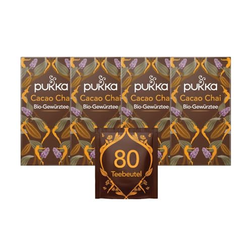 Pukka Tee Set, Bio-Gewürztee "Cacao Chai", Kakao, Zimt, Kardamom, Zichorienwurzel, Für besinnliche Momente, 4er Pack, 80 Teebeutel von Pukka