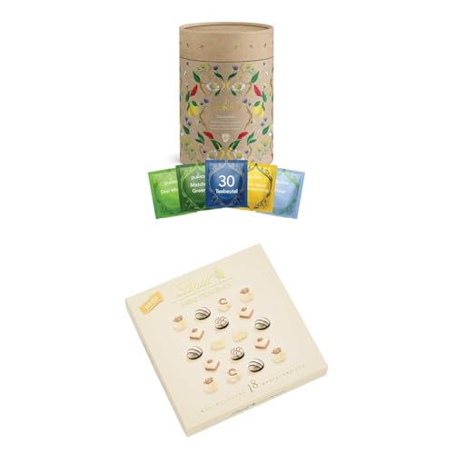 Pukka Geschenkdose "Lieblingstee" 5 Tee-Varianten 30 Teebeutel & Lindt Schokolade - Weiße Mini Pralinés 90g von Pukka