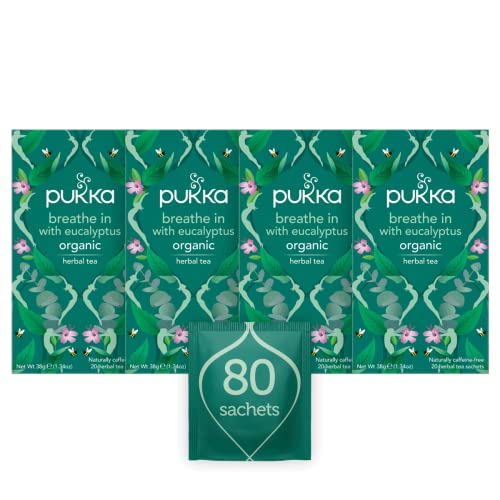 Pukka Herbs Breathe In Bio-Kräutertee-Box, Minze, Eukalyptus, Ingwer, Honig, perfekt für den täglichen Gebrauch, koffeinfrei, 4 Packungen, 80 biologisch abbaubare Teebeutel auf pflanzlicher Basis von Pukka