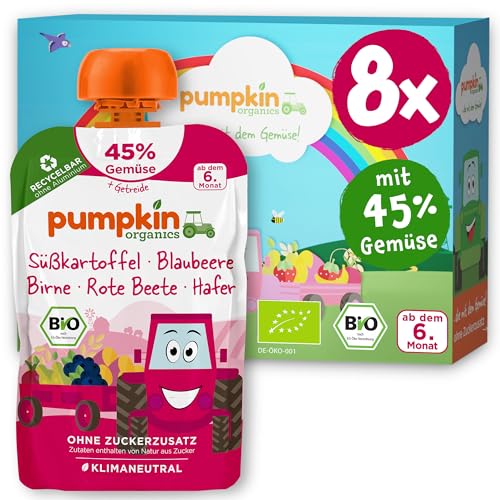 Pumpkin Organics Bio Gemüse-Getreide-Quetschies 8er Pack Süßkartoffel, Blaubeere, Birne, Rote Beete, Hafer ohne Zuckerzusatz - Babynahrung für Babys ab dem 6. Monat - vegetarisch (8x100g) von Pumpkin Organics