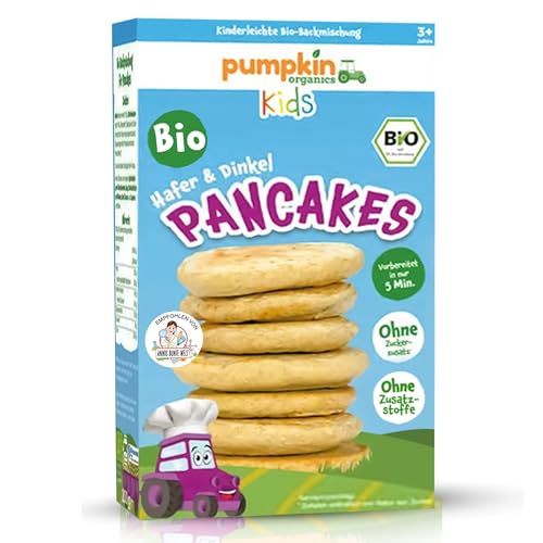 Bio Pancakes Hafer & Dinkel - Backmischung für Kinder (3+ Jahre) und Erwachsene zur schnellen Zubereitung - Backset ohne Zuckerzusatz¹ und ohne Zusatzstoffe für Pancakes, Waffeln und Blinis von Pumpkin Organics