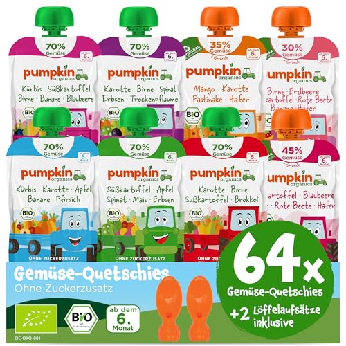 Pumpkin Organics 64er Pack ERSTE LIEBE Bio Gemüse-Quetschies mit 2 Löffelaufsätzen - Quetschie ohne Zuckerzusatz - Babynahrung für Babys ab dem 6. Monat - Bestseller (64x100g) von Pumpkin Organics