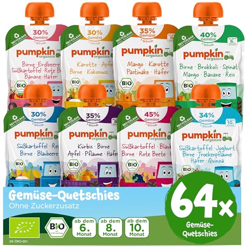 Pumpkin Organics 64er Pack QUERBEET Bio Gemüse-Quetschies - Quetschie ohne Zuckerzusatz - Babynahrung für Babys ab dem 10. Monat - Vorratspaket (64x100g) von Pumpkin Organics