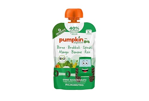 Pumpkin Organics Bio Gemüse-Getreide-Quetschie Birne, Brokkoli, Spinat, Mango, Banane, Reis ohne Zuckerzusatz¹ - ab dem 6. Monat - als Snack oder Beikost für unterwegs - glutenfrei (100g) von Pumpkin Organics