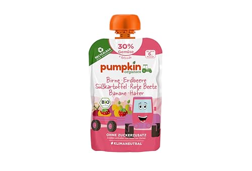 Pumpkin Organics Bio Gemüse-Getreide-Quetschie Birne, Erdbeere, Süßkartoffel, Rote Beete, Banane, Hafer ohne Zuckerzusatz¹ - ab dem 6. Monat - als Snack oder Beikost für unterwegs (100g) von Pumpkin Organics