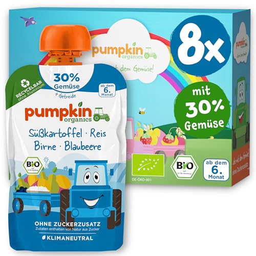 Pumpkin Organics Bio Gemüse-Getreide-Quetschies 8er Pack Süßkartoffel, Reis, Birne, Blaubeere ohne Zuckerzusatz¹ - ab dem 6. Monat - als Snack oder Beikost für unterwegs - glutenfrei (8x100g) von Pumpkin Organics